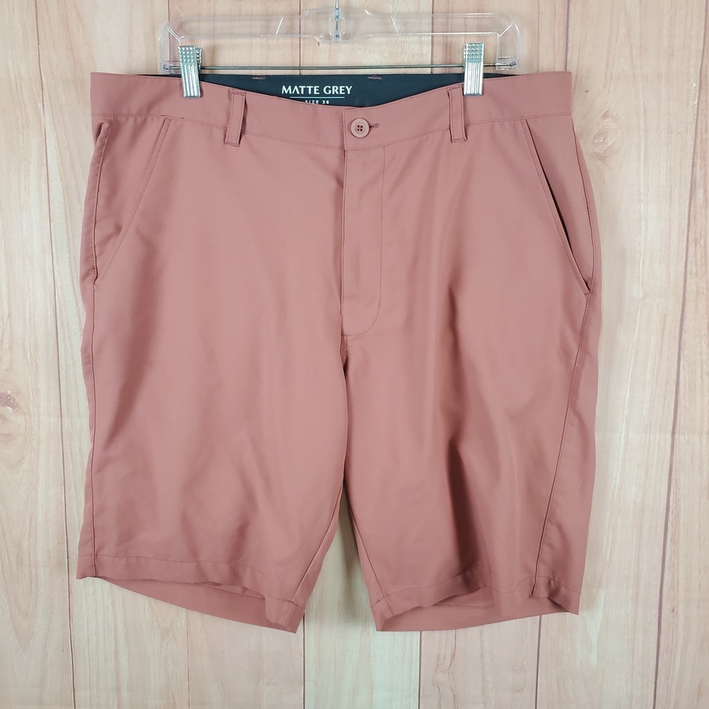Matte‎ Grey Mens Chino Shorts Sz 36 Red Polyester Slash Pockets Zip Fly Outdoor